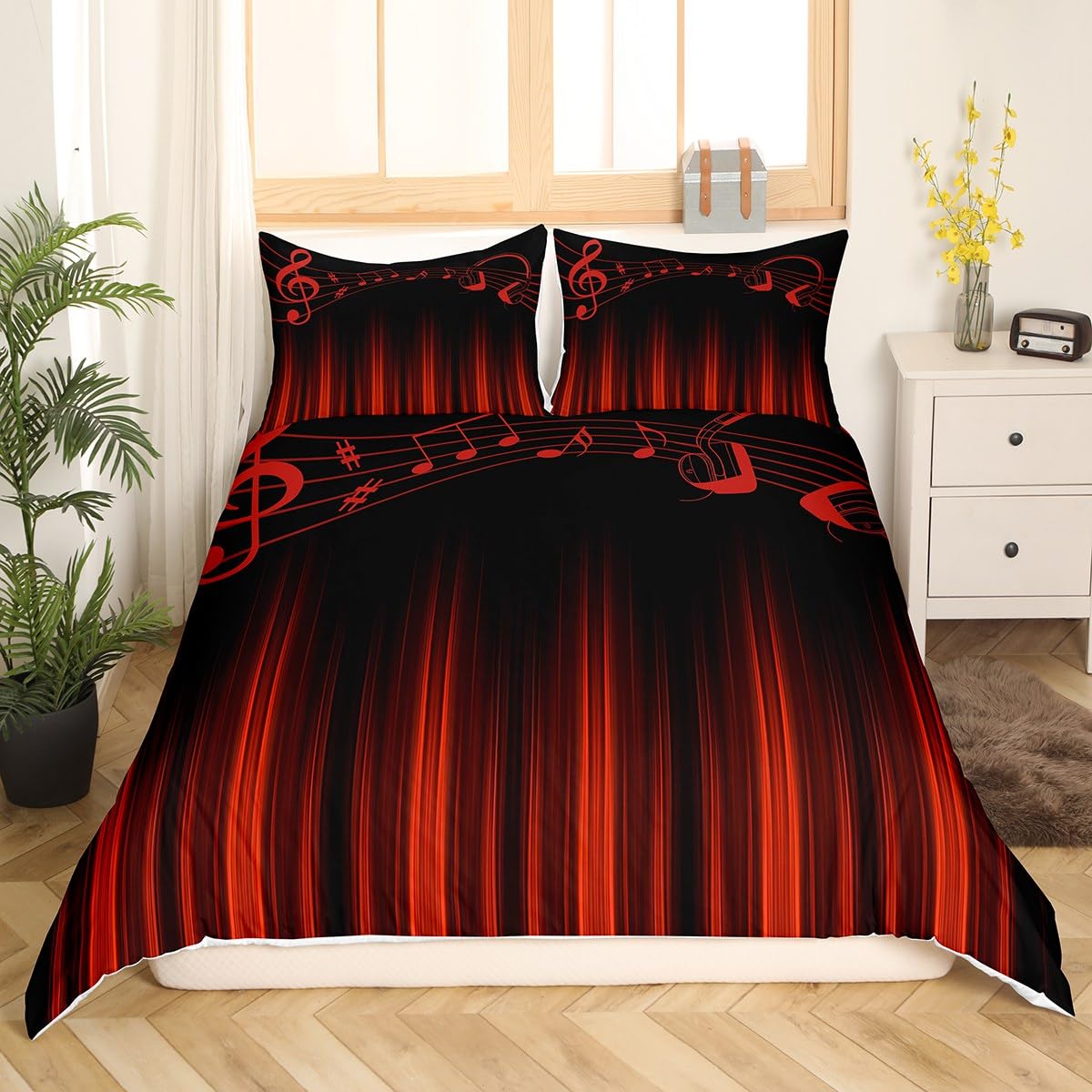 Feelyou Abstract Ombre Bedding Set Full Size Kids Red and Black Musical Comforter Cover Set for Boys Girls Teens Music Geometric Duvet Cover Striped Bedspread Cover Room Decor Quilt Cover