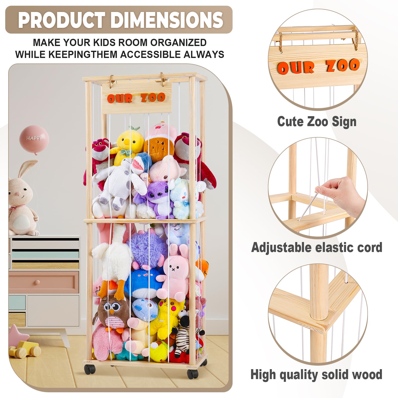 Purelax Stuffed Animal Zoo Storage - Wood Zoo Animals Toy Holder with Wheel, Animal Cage Organizer, Ball Storage, Zoo Cage for Plush Toys for Playroom Bedroom Nursery Room