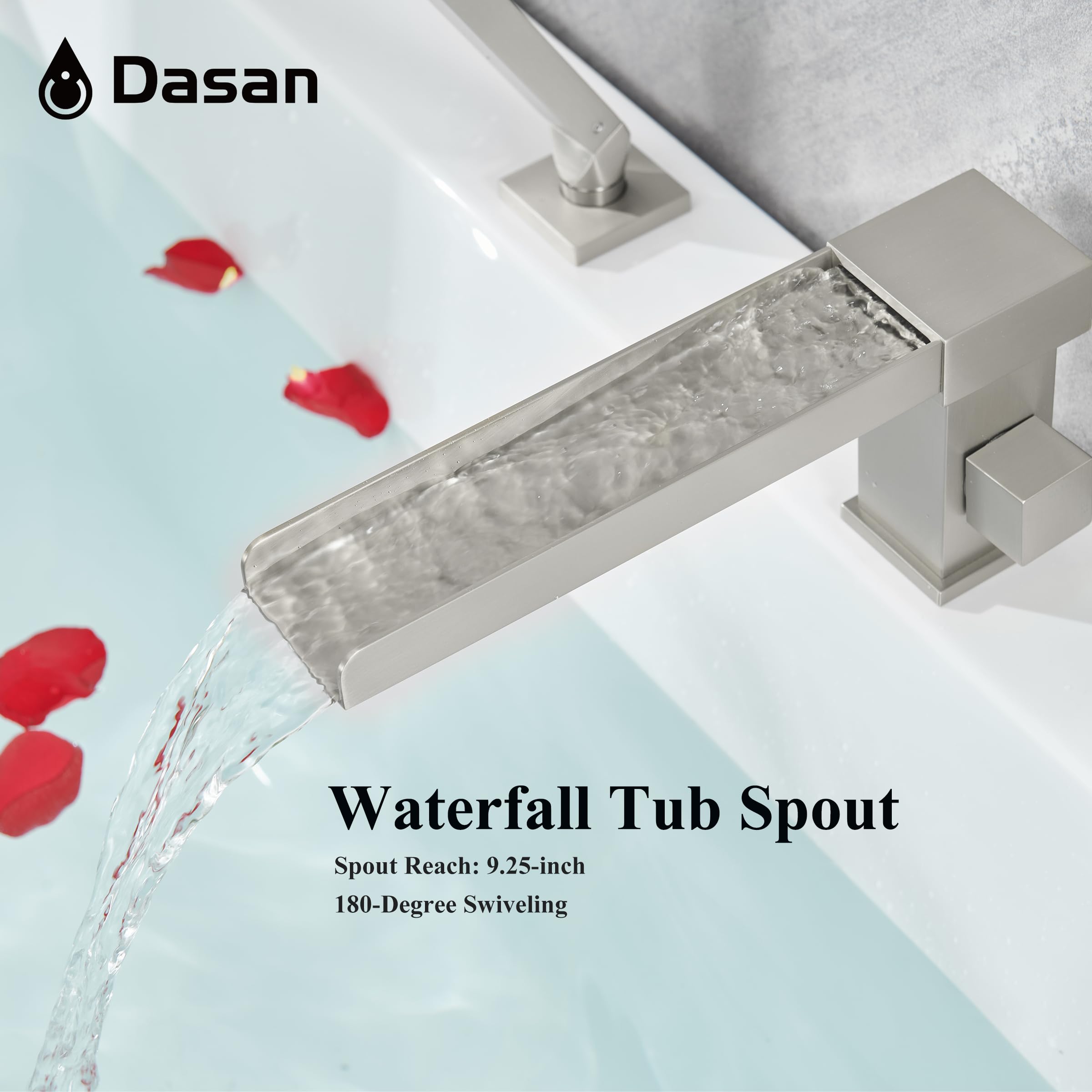 DASAN Roman Bathtub Faucet Set with Handheld Shower Sprayer 3-Hole Deck Mount Square Tub Filler Faucet Set, Brushed Nickel Waterfall Roman Tub Faucet with Valve Included, DA-TF09SWH-BN