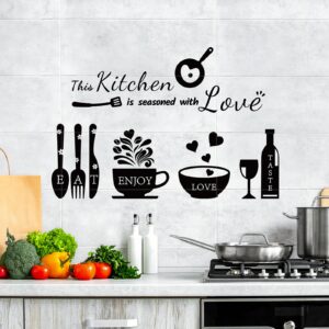 Rotumaty Kitchen Quote Wall Stickers Kitchen Seasoned with Love Wall Decals Wall Art Kitchen Utensil Decorations Wall Decor for Dining Room Home Office School Coffee Shop