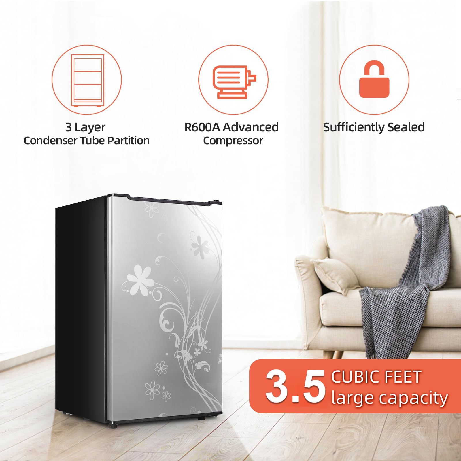 3.5 Cu.ft Compact Upright Freezer with Reversible Single Door,Three Freeze Shelves Mini Freezer with Adjustable Thermostat for Home/Kitchen Freezer Door with Pattern