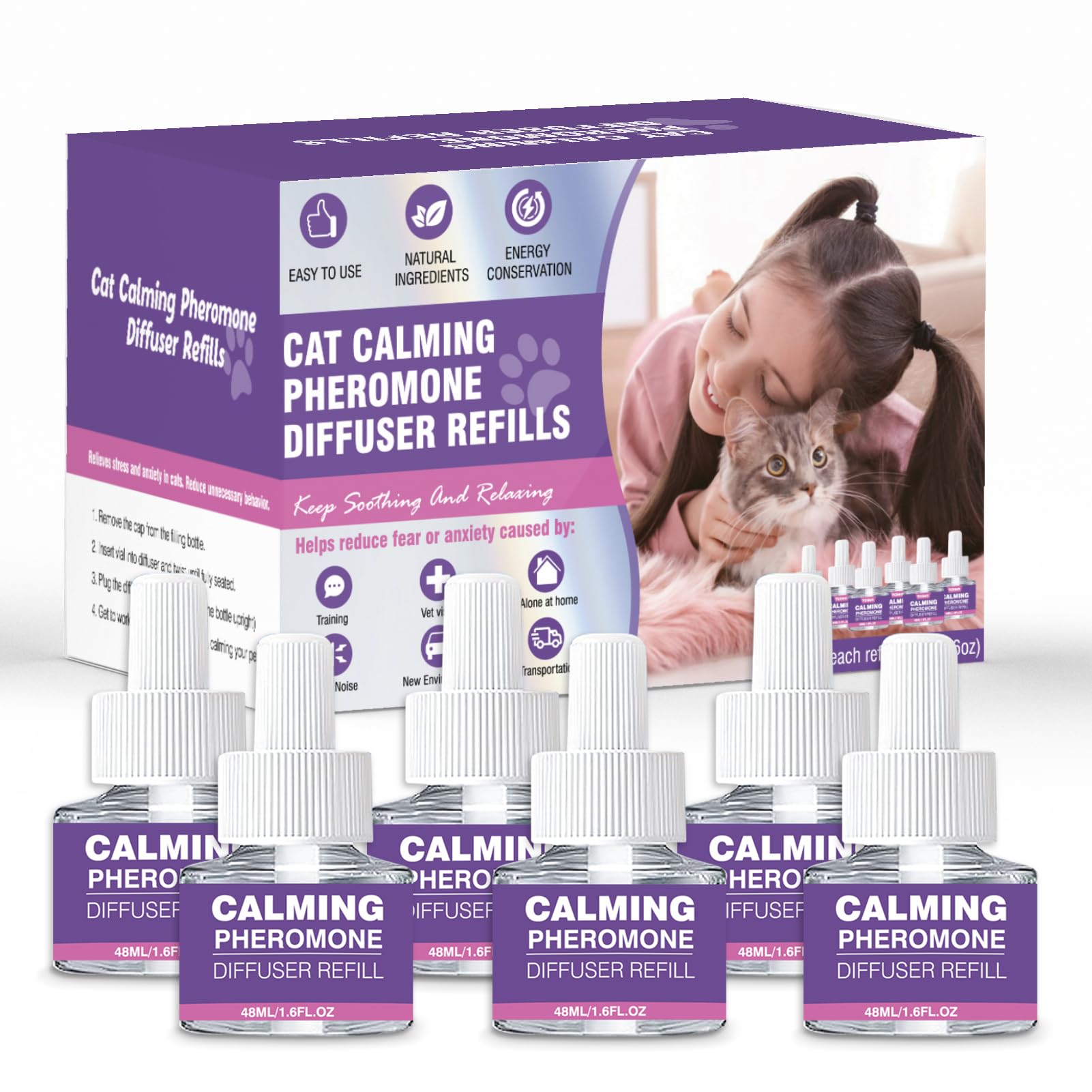 Cat Pheromones Calming Diffuser Refill 6 Pack Multicat Pheromone Diffusers Refills Relieve Anxiety Stress Reduce Spraying Fighting and Scratching for Cats Calm 48ml Fit All Common Diffusers Plug In