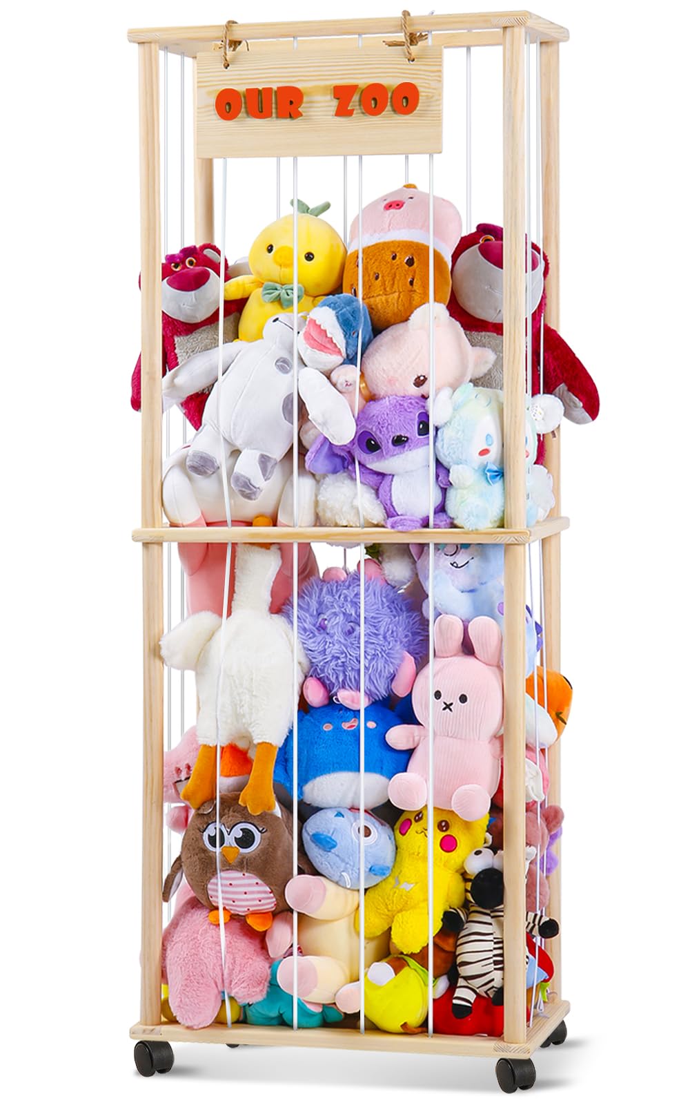 Purelax Stuffed Animal Zoo Storage - Wood Zoo Animals Toy Holder with Wheel, Animal Cage Organizer, Ball Storage, Zoo Cage for Plush Toys for Playroom Bedroom Nursery Room