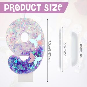 Birthday Number Candles, 2.87 Inch Purple Butterfly Candle Glitter Number Candles Purple Cake Topper Decorations Happy Birthday Cute Number Candles for Celebrations (Number 9)