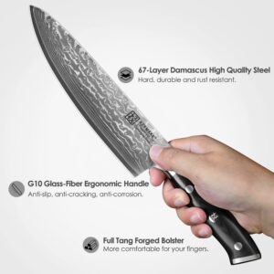 KEEMAKE Chef Knife, 8 Inch Damascus Kitchen Knife, 67 Layers Damascus Steel Knife Japanese VG10 Core, Razor Sharp Chefs Knife with Ergonomic G10 Handle, Cooking Knife for Meat Vegetable