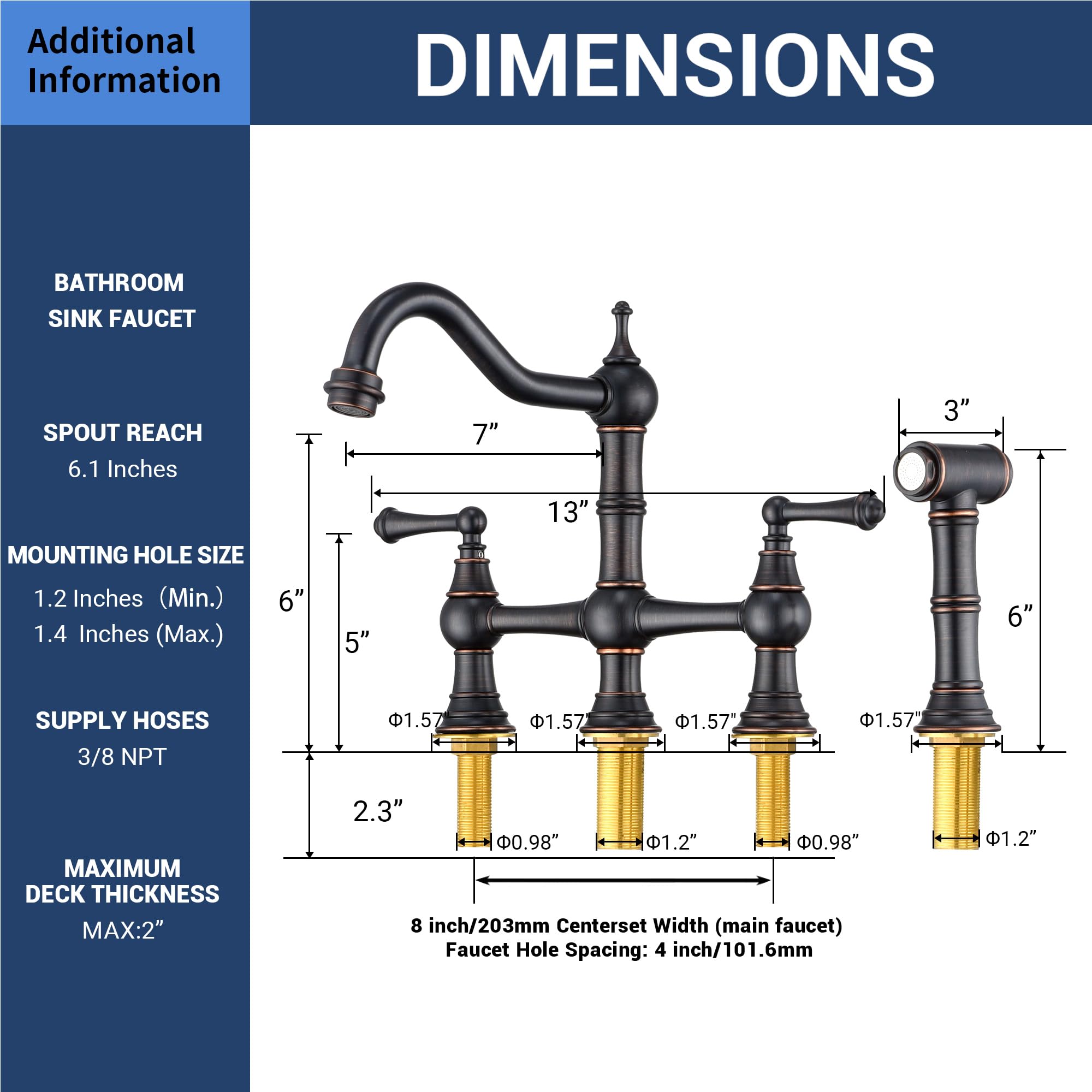 JetsBath Oil Rubbed Bronze Brass Bridge Kitchen Faucet with Side Sprayer, Deck Mount Kitchen Sink Faucet with 2 Handle, 8” Centerset Kitchen Faucets for Sink 4 Hole, Swiveling Spout Kitchen Faucet