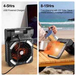 Odoland Protable Solar Camping Fan, 10400mAh Rechargeable Battery Operated Folding Fan with LED Light, 4 Speeds Powerful Wind, 3 Timer for Picnic Tent Fishing Beach Car Home Power Outage