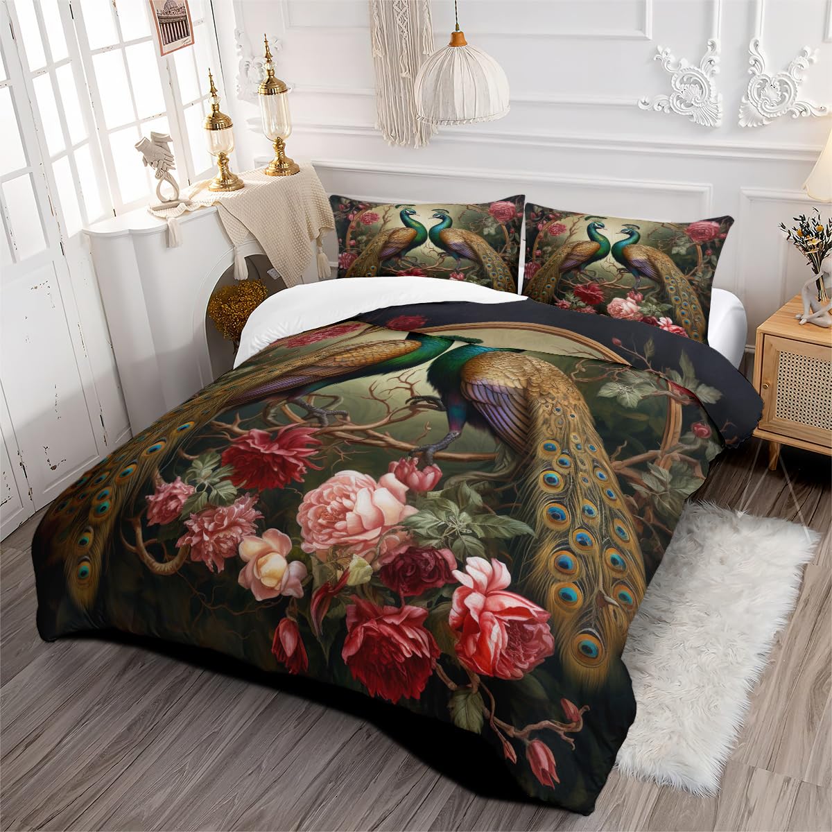 CCoutueChen Peacock Duvet Cover King Size Luxurious Bird Floral Bedding for Adult Women Peacock Feather Comforter Cover 3Pcs Soft Duvet Cover Set with Zipper Closure Corner Ties