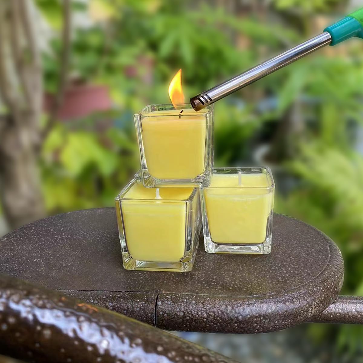 12 Pack Yellow Small Square Glass Citronella Candles, Strong Lemongrass Scented Votive Candles, for Outdoor Dinner Party, Patio, Glamping Essentials, Outside