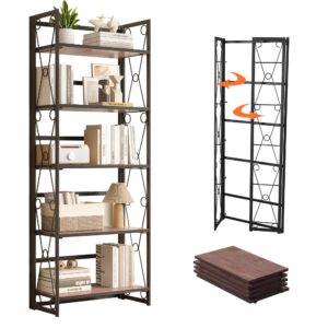 vecelo folding bookshelf, 5 shelf bookcase no assembly, industrial metal frame shelves rack organizer for living room, office,walnut 1 set