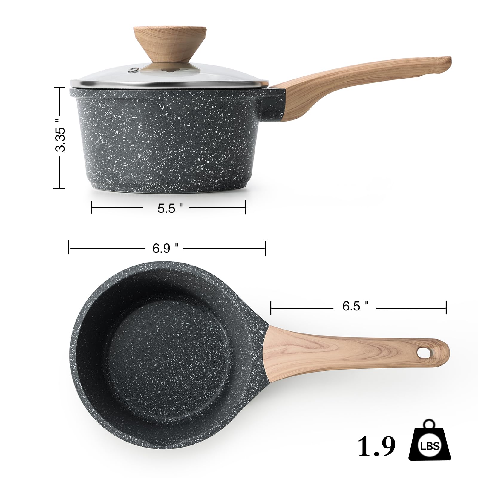 Kordisen 1.5 Qt Sauce Pan with Lid, Non Stick Small Pot with Granite Coating, Saucepan with Pour Spout, Multipurpose Handy Induction Pot, Cooking Pot, PFOA/PFOS Free