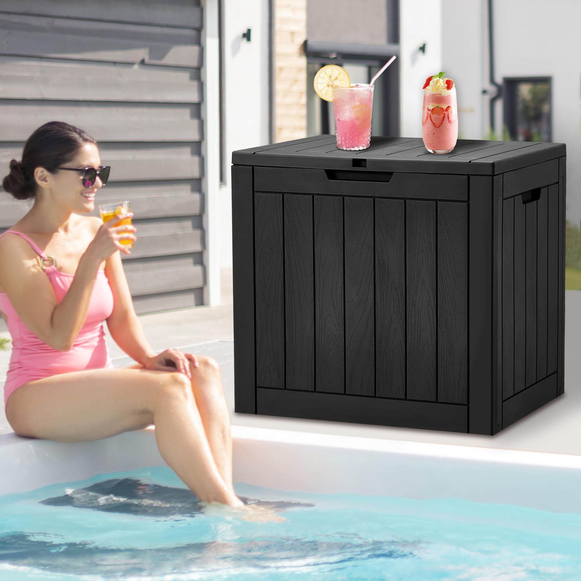 HABUTWAY Large Outdoor Storage Deck Box Waterproof Storage Bench with Padlock Resin Patio Storage Boxes Bin Chest for Outside Garden,Poolside (Black, 35GALLON)