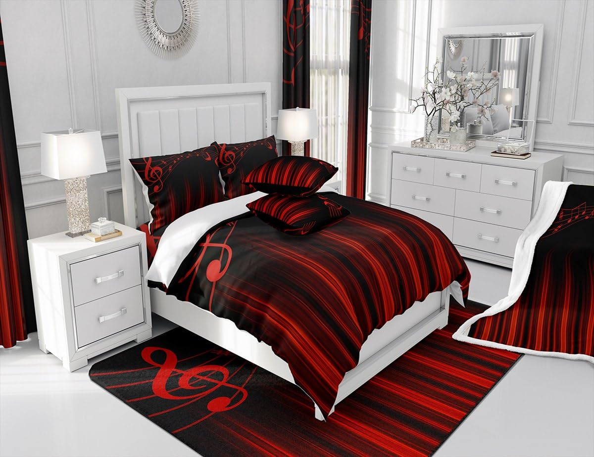 Feelyou Abstract Ombre Bedding Set Full Size Kids Red and Black Musical Comforter Cover Set for Boys Girls Teens Music Geometric Duvet Cover Striped Bedspread Cover Room Decor Quilt Cover