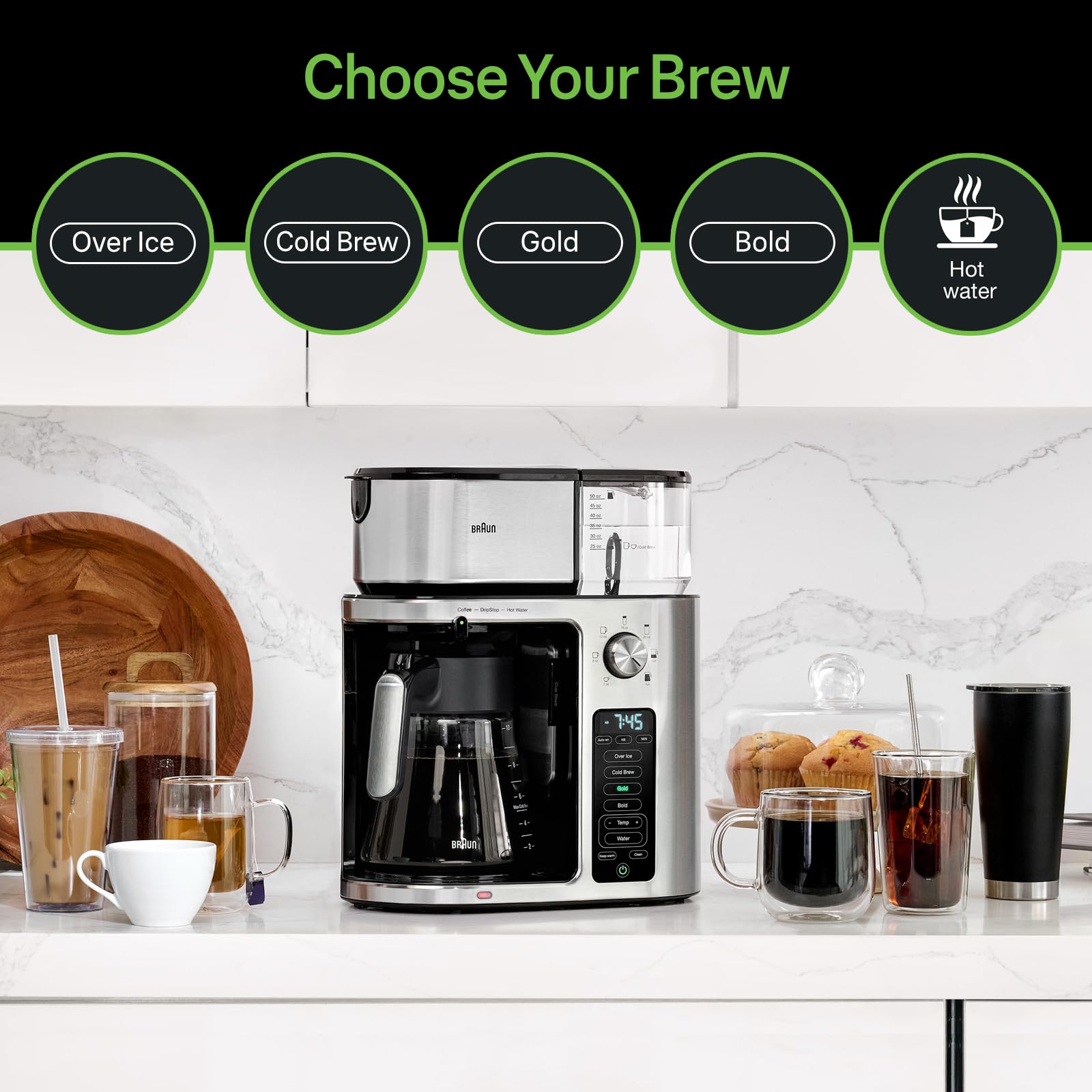 Braun MultiServe Plus 10- Cup Pod Free Drip Coffee Maker, 7 Brew Sizes/Hot & Cold Brew & Hot Water for Tea, KF9370SI