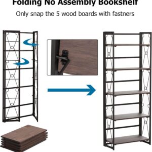 VECELO Folding Bookshelf, 5 Shelf Bookcase No Assembly, Industrial Metal Frame Shelves Rack Organizer for Living Room, Office,Walnut 1 Set