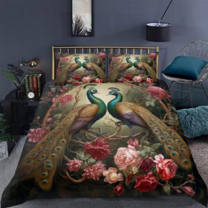 CCoutueChen Peacock Duvet Cover King Size Luxurious Bird Floral Bedding for Adult Women Peacock Feather Comforter Cover 3Pcs Soft Duvet Cover Set with Zipper Closure Corner Ties