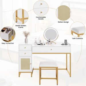 AWQM White Makeup Vanity Desk with Stools,Rattan Vanity Table Set with Power Outlet,Makeup Table Dressing Table with Drawers & Cabinet, Small Vanity Table for Bedroom with Storage,Without Mirror