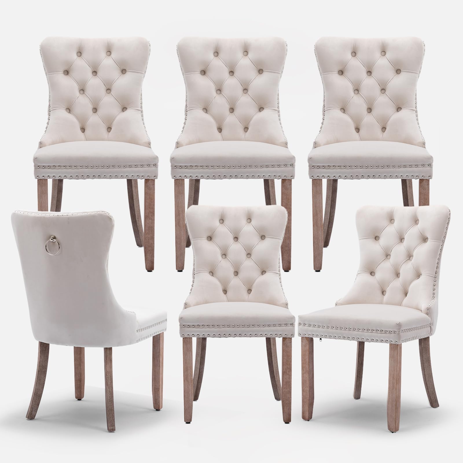 SoarTalent Velvet Upholstered Dining Chairs Set of 6, Modern Style Kitchen Side Chairs with Nailhead Trim and Wood Legs,Metal Pulling Ring for Dining Room Living Room(Beige,Set of 6)