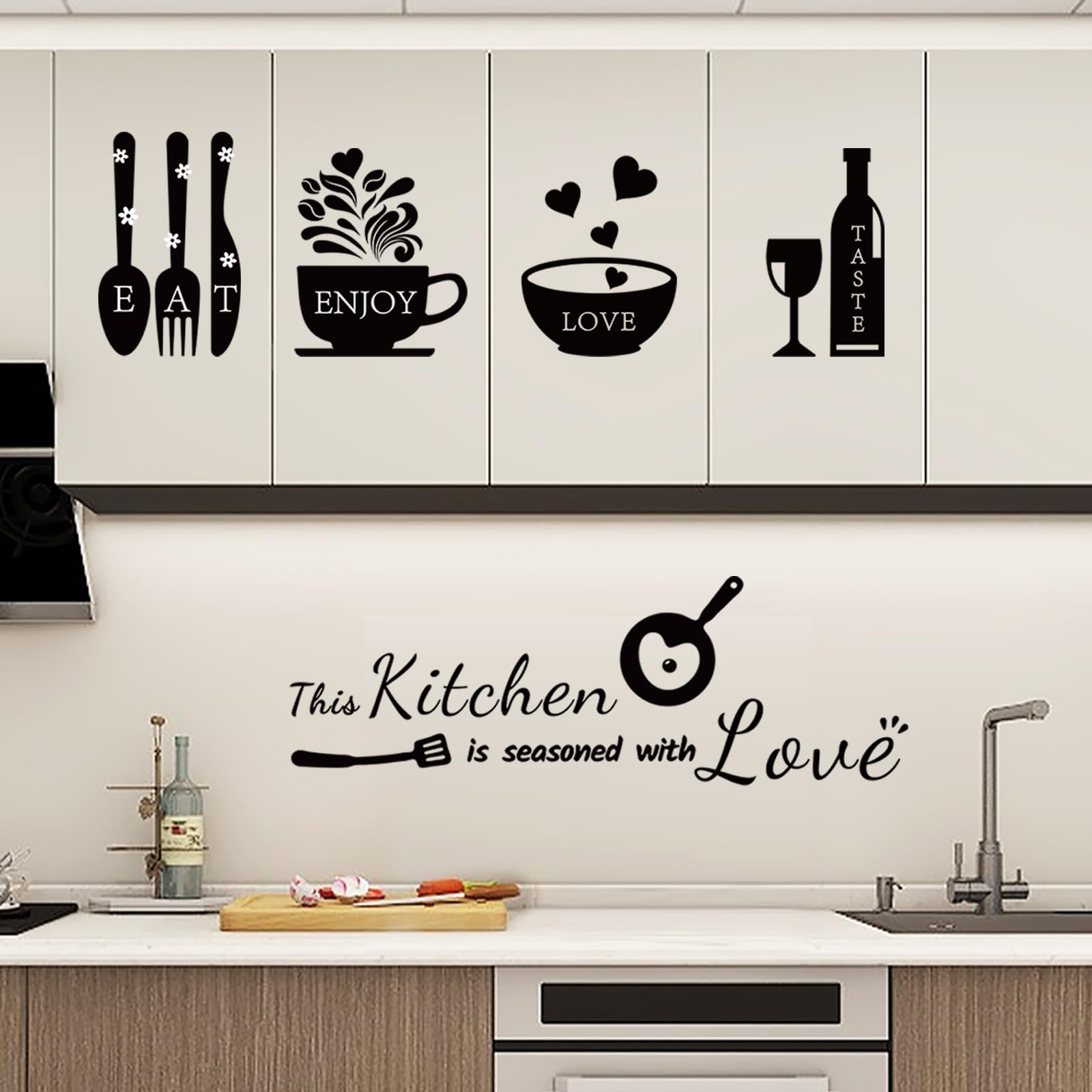 Rotumaty Kitchen Quote Wall Stickers Kitchen Seasoned with Love Wall Decals Wall Art Kitchen Utensil Decorations Wall Decor for Dining Room Home Office School Coffee Shop