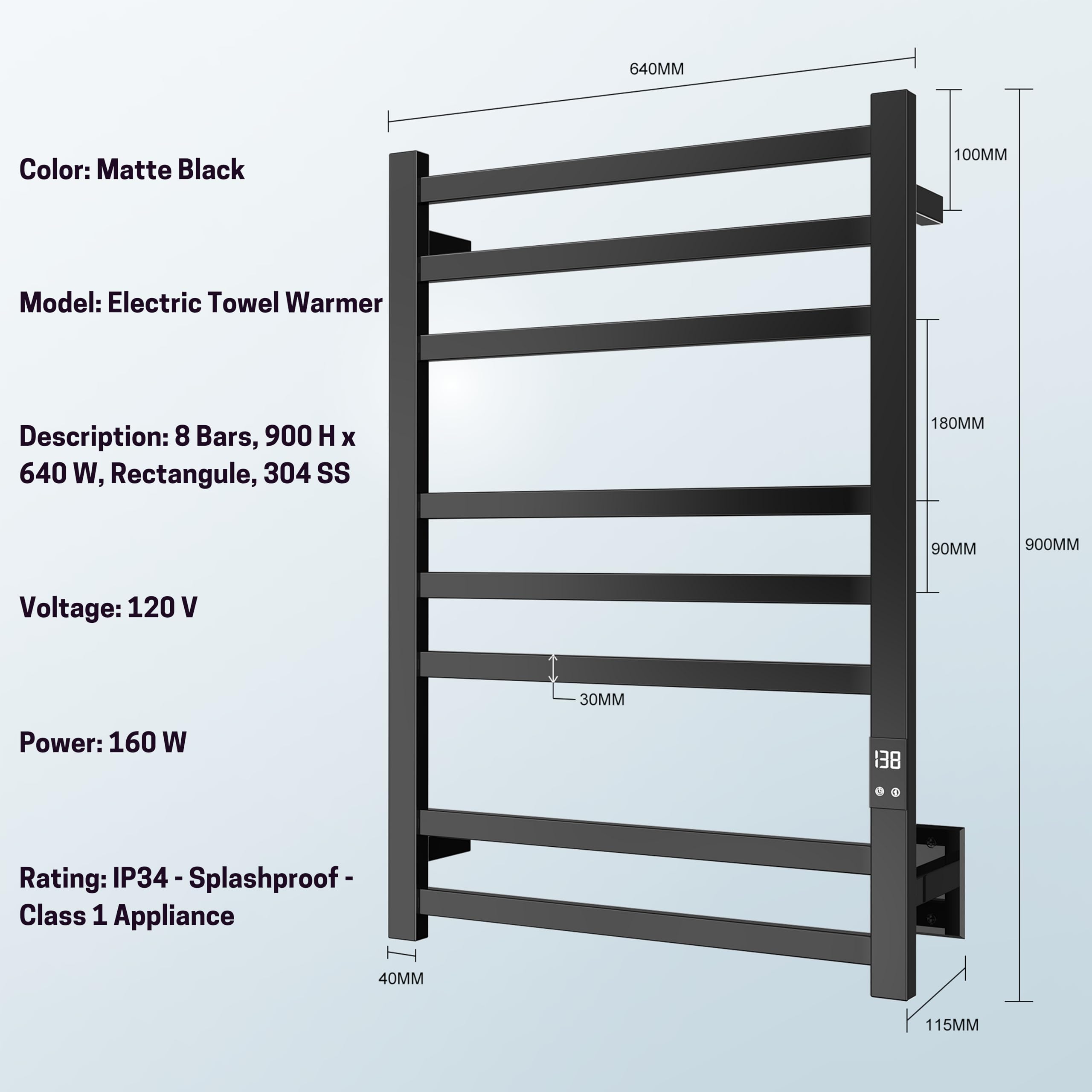 PeakTrivol 8-Bar Towel Warmer with Fast Heating, Auto Shut-Off Timer, Matte Black Finish - Hardwired or Plug-in Options - Ideal for Hot Towels in Bathroom