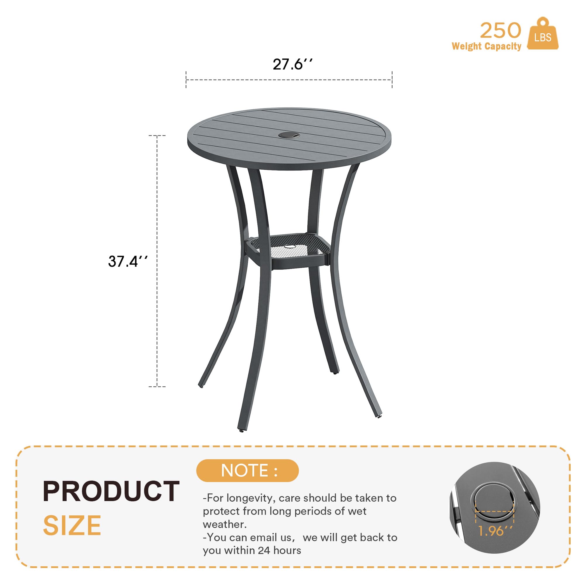 VICLLAX 28" Round Outdoor Bar Table, Bar Height Outdoor Table for Balcony, Patio Round Tall Table with Adjustable Umbrella Hole, Grey