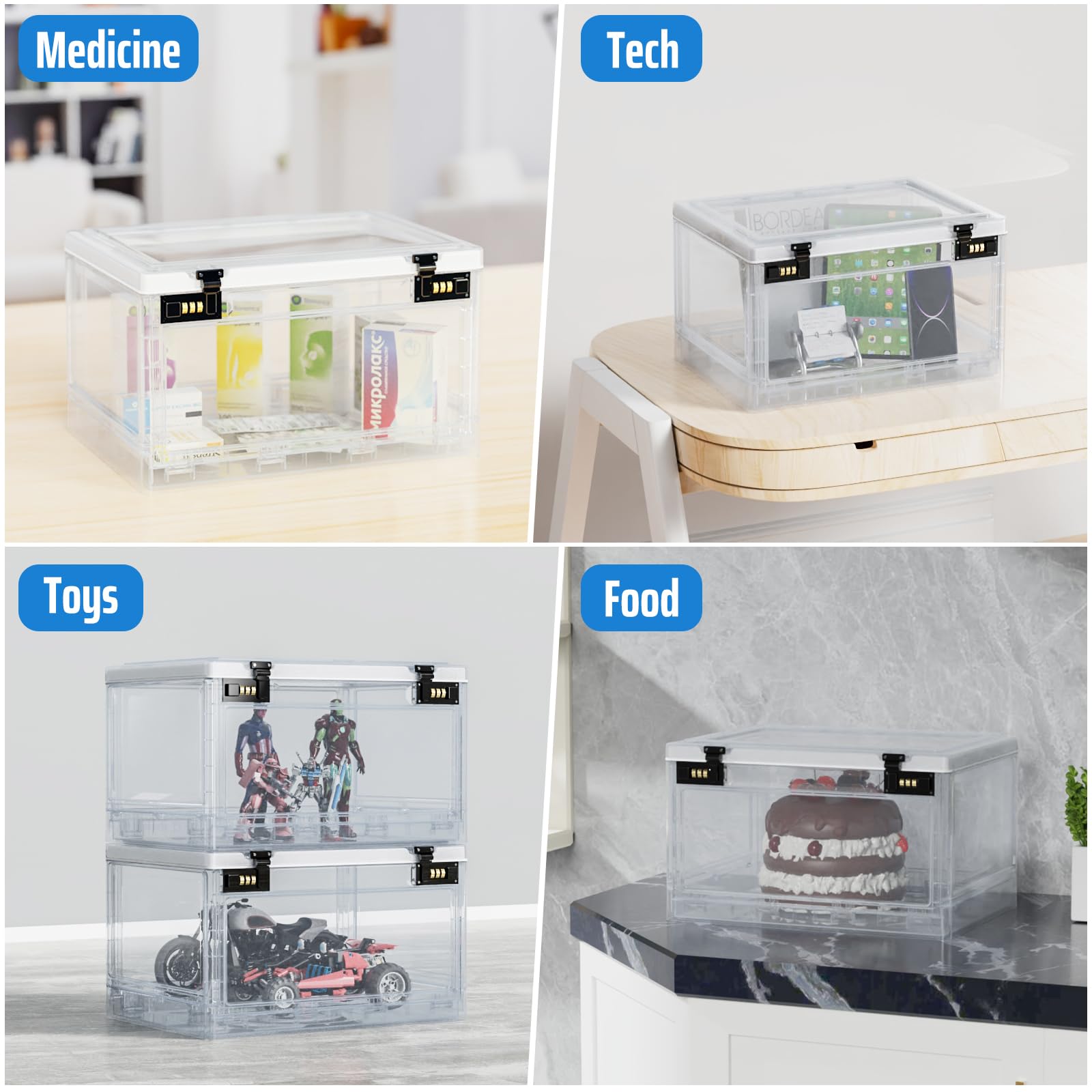 chefeggukk Clear Medicine Lock Box, Lockable Storage Box for Personal Items, Medication Lockable Container, Locking Organizer Bin for Refrigerator Food Snacks Tablet Phone Jail Home Office Safety