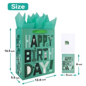 16.5" Extra Large Green Gift Bags Set with Greeting Card and Tissue Papers (Cartoon Happy Birthday) for Men's or Women's Birthday Party, Boys', Girls', or Kids' Party, Baby Shower, Baby Boy or Girl -