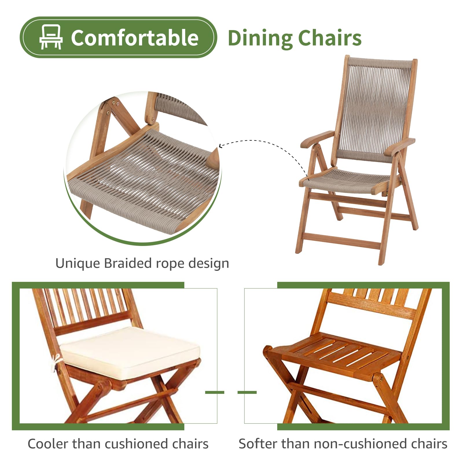 OC Orange-Casual Folding Patio Dining Chair Set of 4, Outdoor Acacia Wooden Rope Reclining Chair w/Armrest, FSC Certified Wood, for Porch, Backyard, Garden, Indoor, Beige