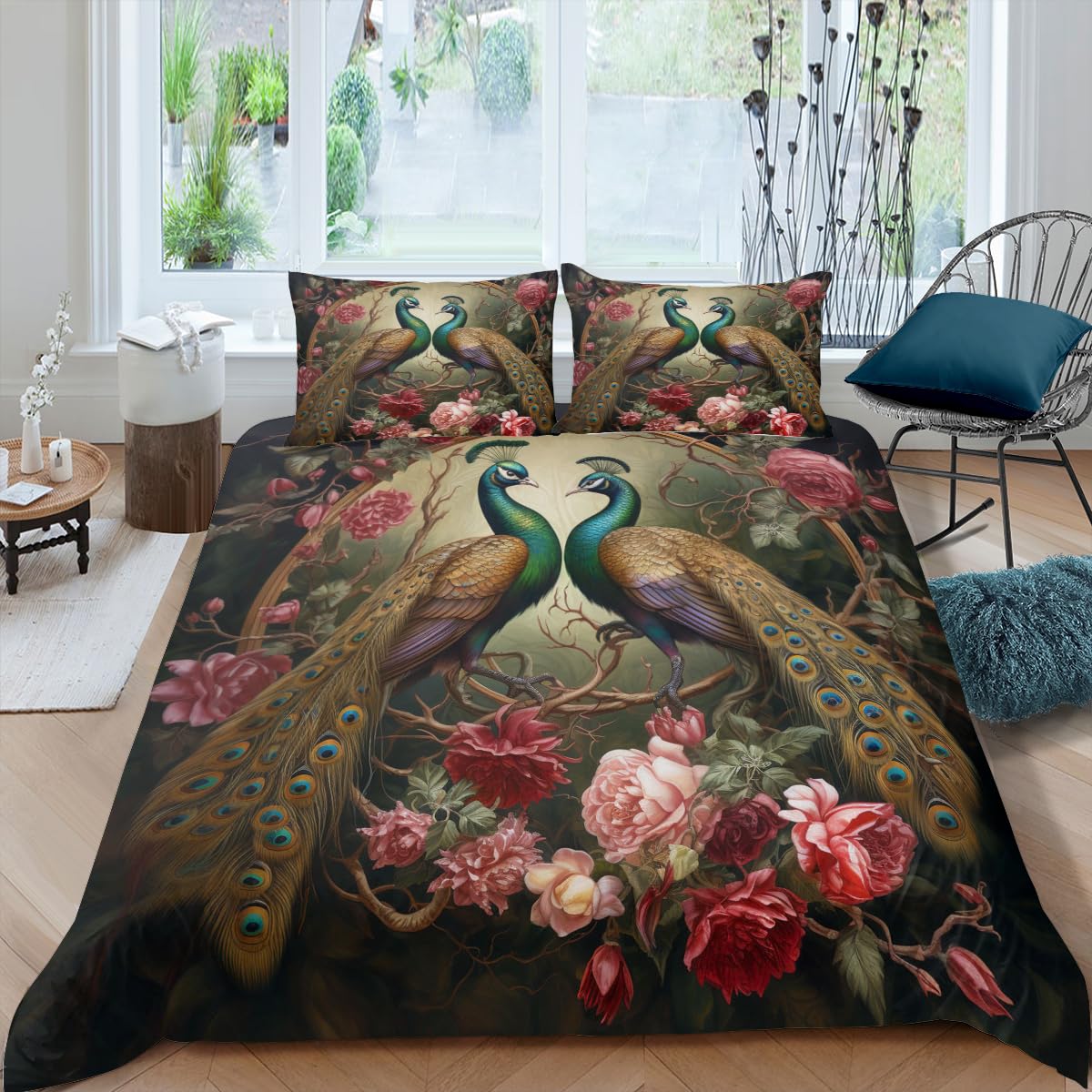 CCoutueChen Peacock Duvet Cover King Size Luxurious Bird Floral Bedding for Adult Women Peacock Feather Comforter Cover 3Pcs Soft Duvet Cover Set with Zipper Closure Corner Ties