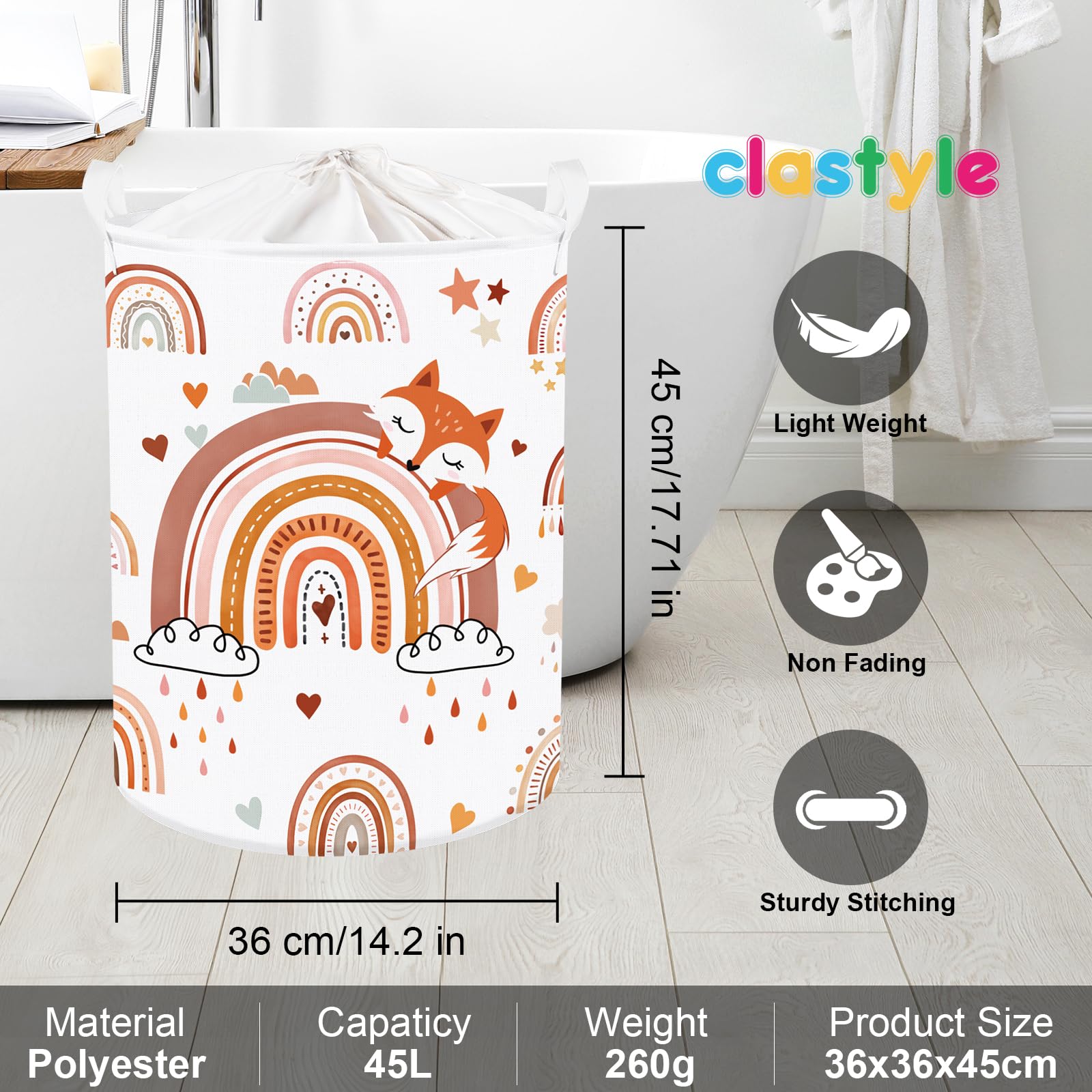 Clastyle 45L Boho Rainbow Animal Laundry Hamper Fox Elephant Heart Star Pink Laundry Basket Dirty Clothes Hamper for Girls Large Round Toy Basket for Nursery