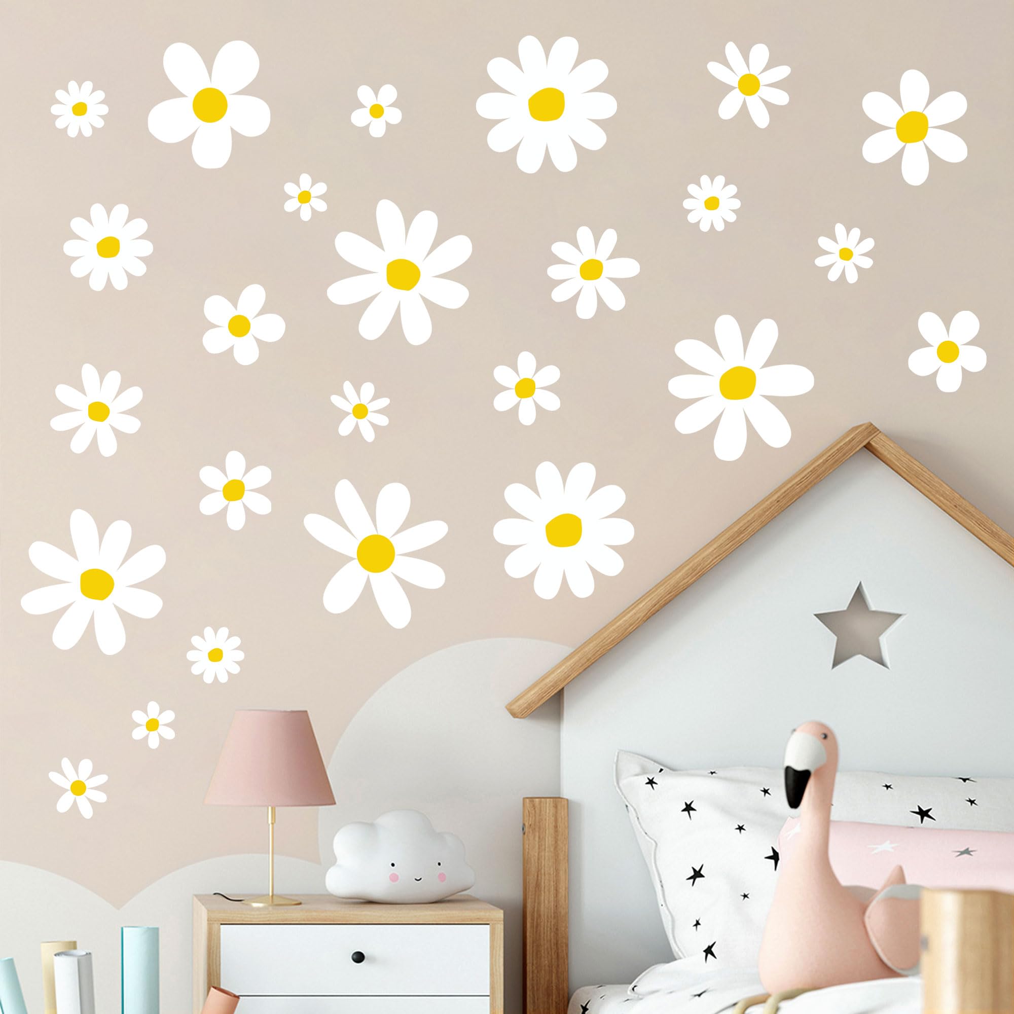 12 Sheets Daisy Wall Decals Boho Flower Wall Stickers Cute Kids Girls Room Decor Peel and Stick Floral Decals Toddler Playroom Living Room Bedroom Classroom Retro Hippie Decor Classic Style