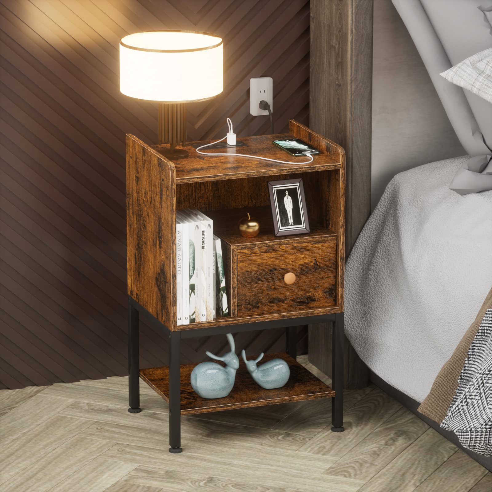 Gannyfer Nightstand with Charging Station,Night Stand with USB Ports and Storage Drawer,Modern 3-Tier End Side Table,Small Wood Bedside Table for Bedroom,Living Room (Brown)