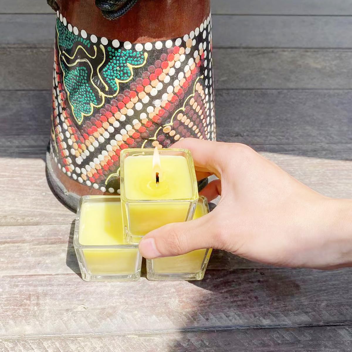 12 Pack Yellow Small Square Glass Citronella Candles, Strong Lemongrass Scented Votive Candles, for Outdoor Dinner Party, Patio, Glamping Essentials, Outside