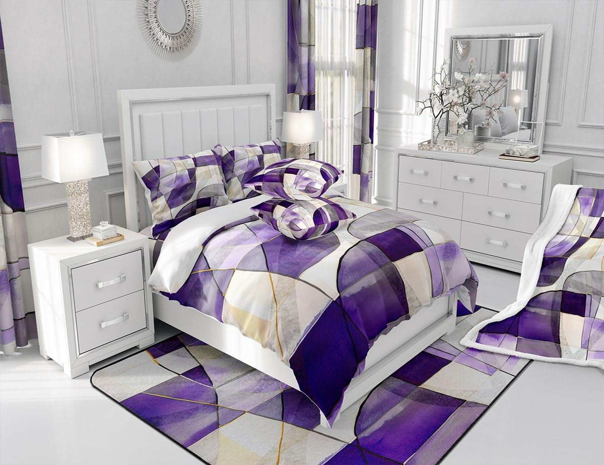 Feelyou Geometric Abstract Bedding Set Queen Size Kids Purple Marble Pattern Comforter Cover Set for Boys Girls Teens Rectangle Square Duvet Cover Modern Art Bedspread Cover Room Decor Quilt Cover