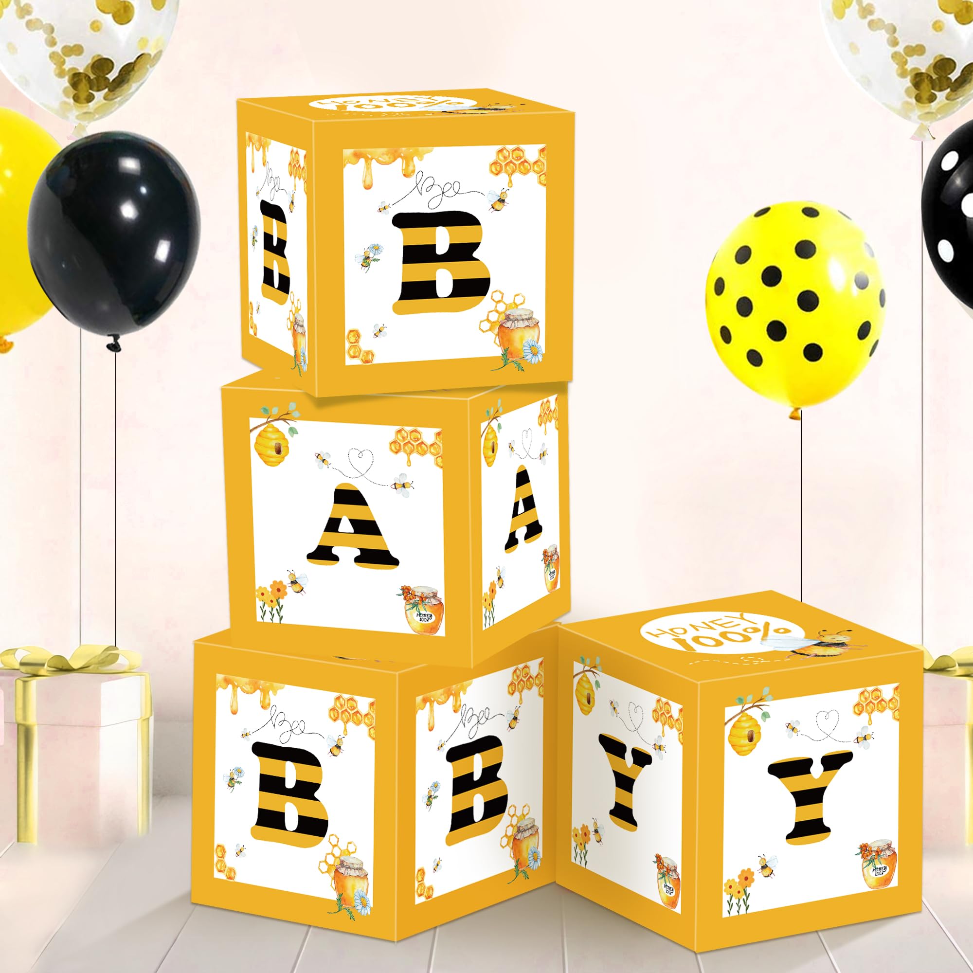 FVABO Bee Baby Shower Balloon Boxes Decorations - 4Pcs What Will It Bee Gender Reveal Decorations Balloon Box, Honey Bumble Bee Theme Party Balloon Boxes Backdrop Block Party Supplies