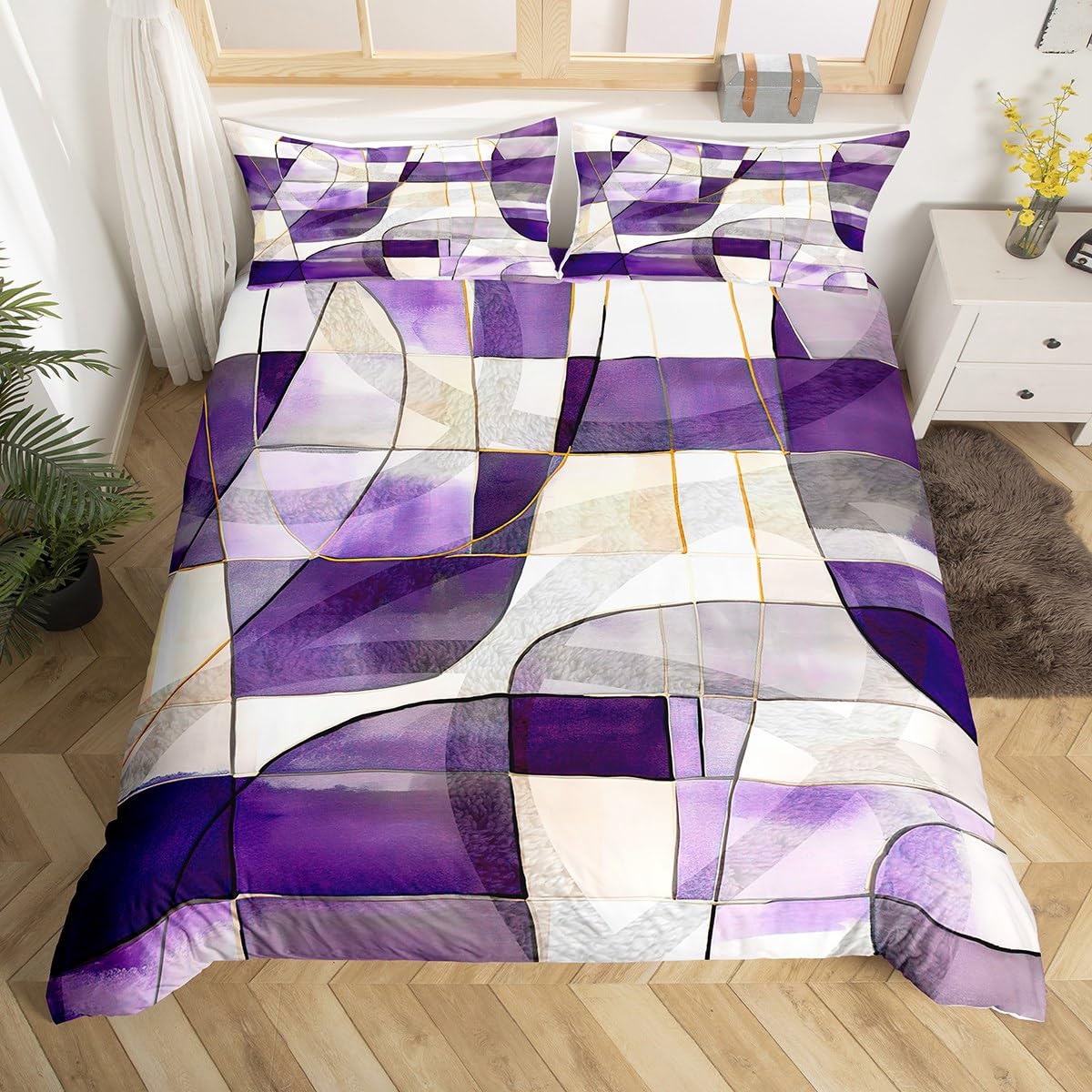 Feelyou Geometric Abstract Bedding Set Queen Size Kids Purple Marble Pattern Comforter Cover Set for Boys Girls Teens Rectangle Square Duvet Cover Modern Art Bedspread Cover Room Decor Quilt Cover