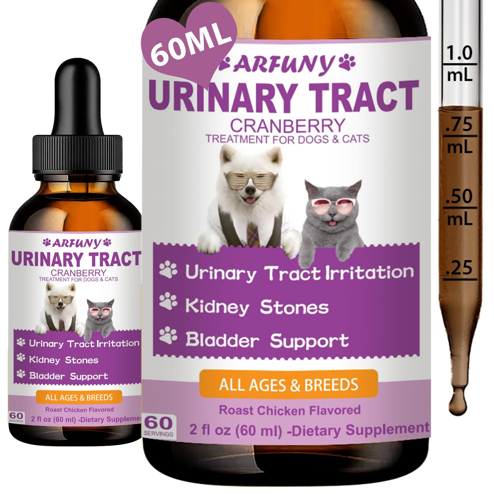 Cat & Dog Urinary Tract Infection Treatment | 60ML Support Bladder, Kidney & Incontinence | Cranberry Supplement for Cats & Dogs | Dog UTI | Cat UTI | Cat & Dog Kidney Support | Chicken Flavor