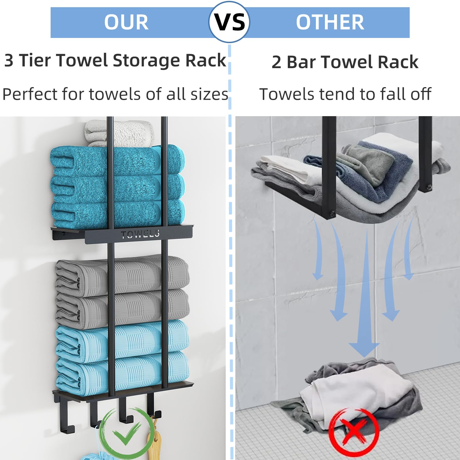 Bathroom Towel Rack with Shelf, New Upgrade 3 Tier Towel Storage Rack for Bathroom Wall Mounted with 4 Hooks, Wall Towel Holder for Rolled Towels, Towel Shelf for Small Bathroom, Matte Black