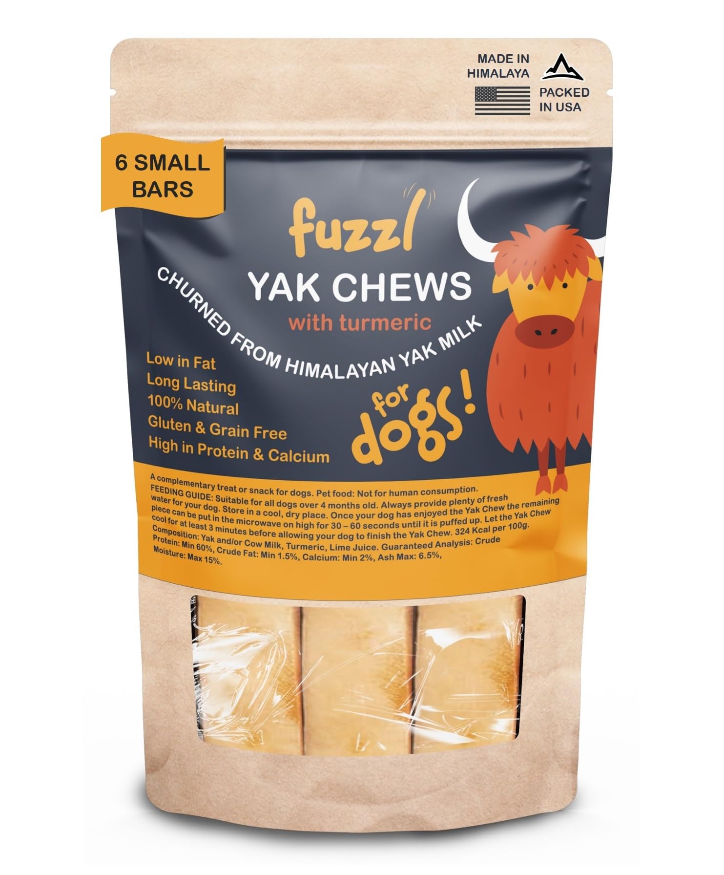 Fuzzl Premium Yak Cheese Himalayan Dog Chews with Superfood Turmeric - 6 Bars Small Natural Dog Treats Milkbone Yak Chews No Hide Dog Food Long Lasting Dog Dental Sticks Milk Chews Cheese Stick