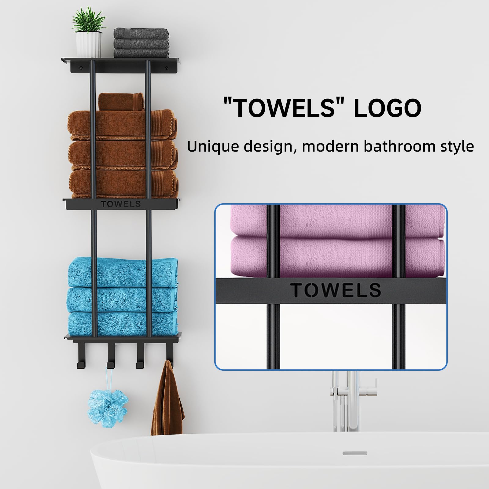 Bathroom Towel Rack with Shelf, New Upgrade 3 Tier Towel Storage Rack for Bathroom Wall Mounted with 4 Hooks, Wall Towel Holder for Rolled Towels, Towel Shelf for Small Bathroom, Matte Black