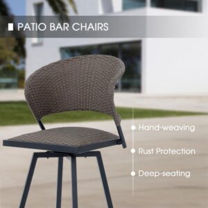 VICLLAX Patio Bar Stool Chairs with Footrests and Padded Seat, Bar Height Swivel Patio Chairs Set of 2, Brown Woven Wicker Swivel Bar Stools for Lawn Garden