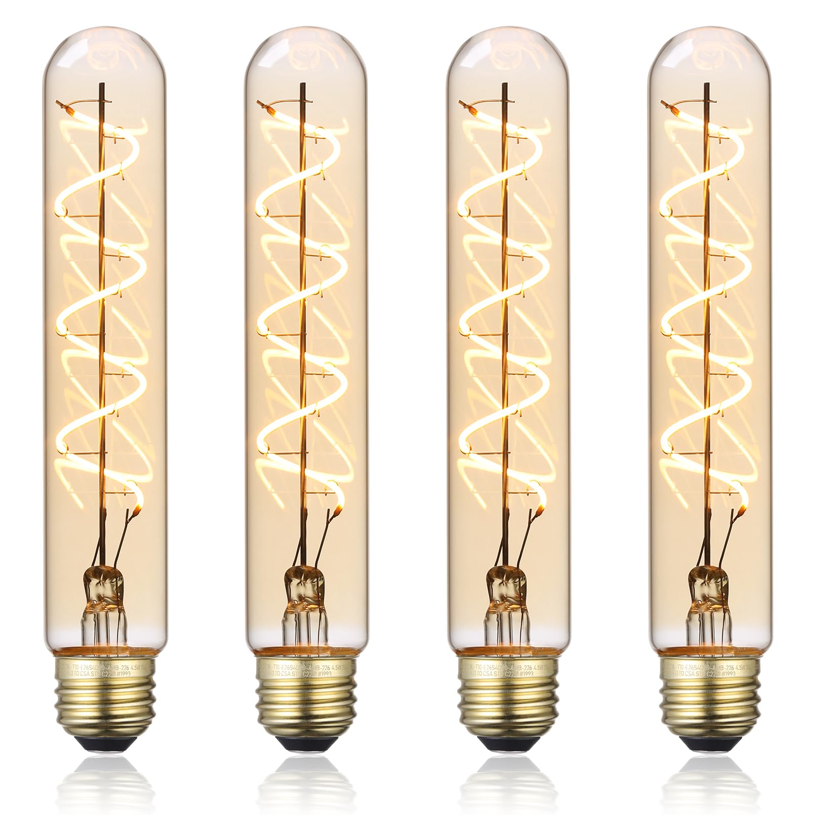 TORCHSTAR LED Vintage Spiral Filament Bulb T10, 4.5W 7.17inch Long Tubular Edison Light Bulbs, E26 Base, Dimmable T10 Filament Bulb for Wall Lamp, Amber Glass, 2000K Soft Warm, ETL/FCC, Pack of 4