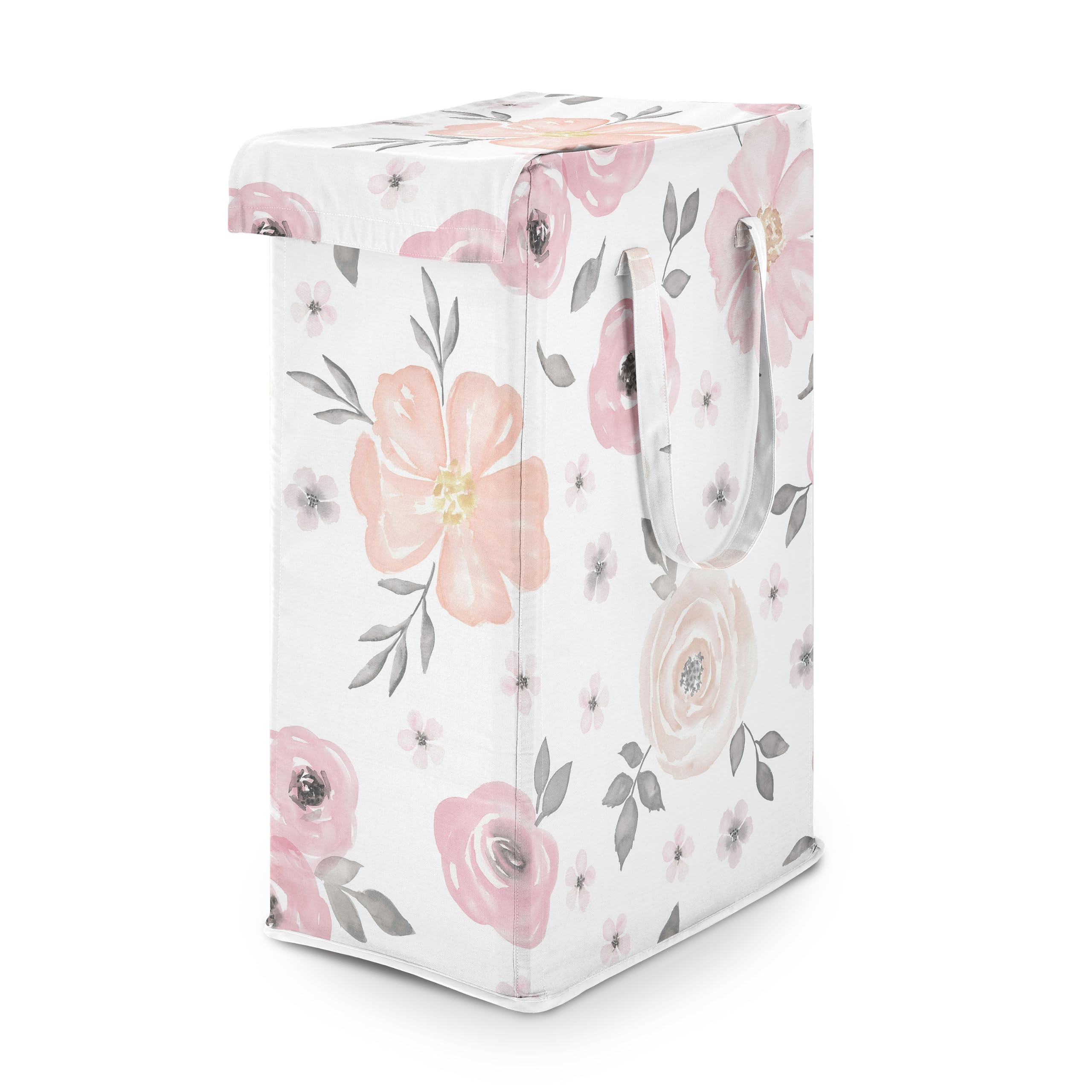 Sweet Jojo Designs Blush Pink Grey Boho Floral Girl Laundry Hamper Foldable Dirty Clothes Basket with Handles Baby Nursery Kids Bedroom Teen Bathroom Bohemian Farmhouse Shabby Chic Watercolor White