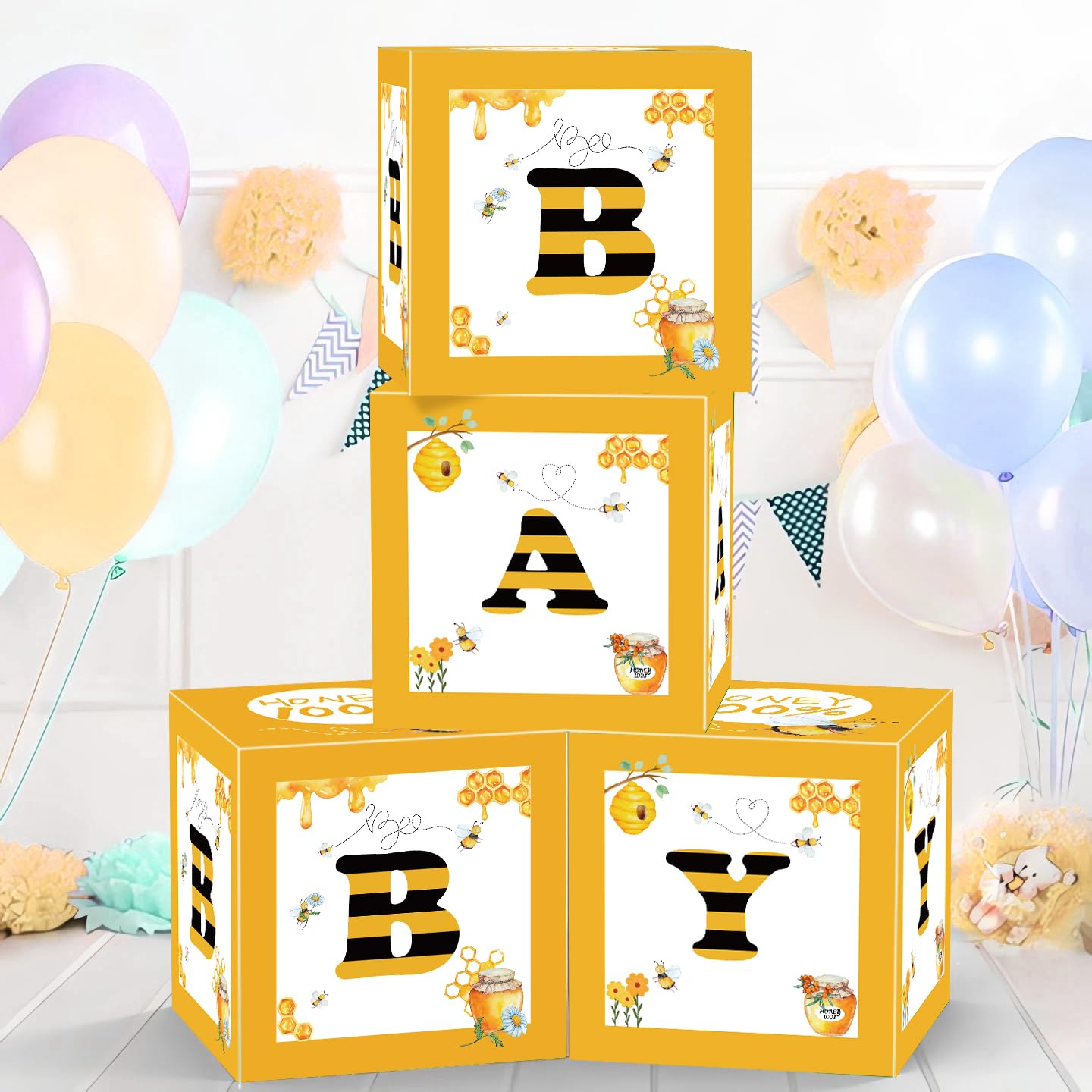 FVABO Bee Baby Shower Balloon Boxes Decorations - 4Pcs What Will It Bee Gender Reveal Decorations Balloon Box, Honey Bumble Bee Theme Party Balloon Boxes Backdrop Block Party Supplies