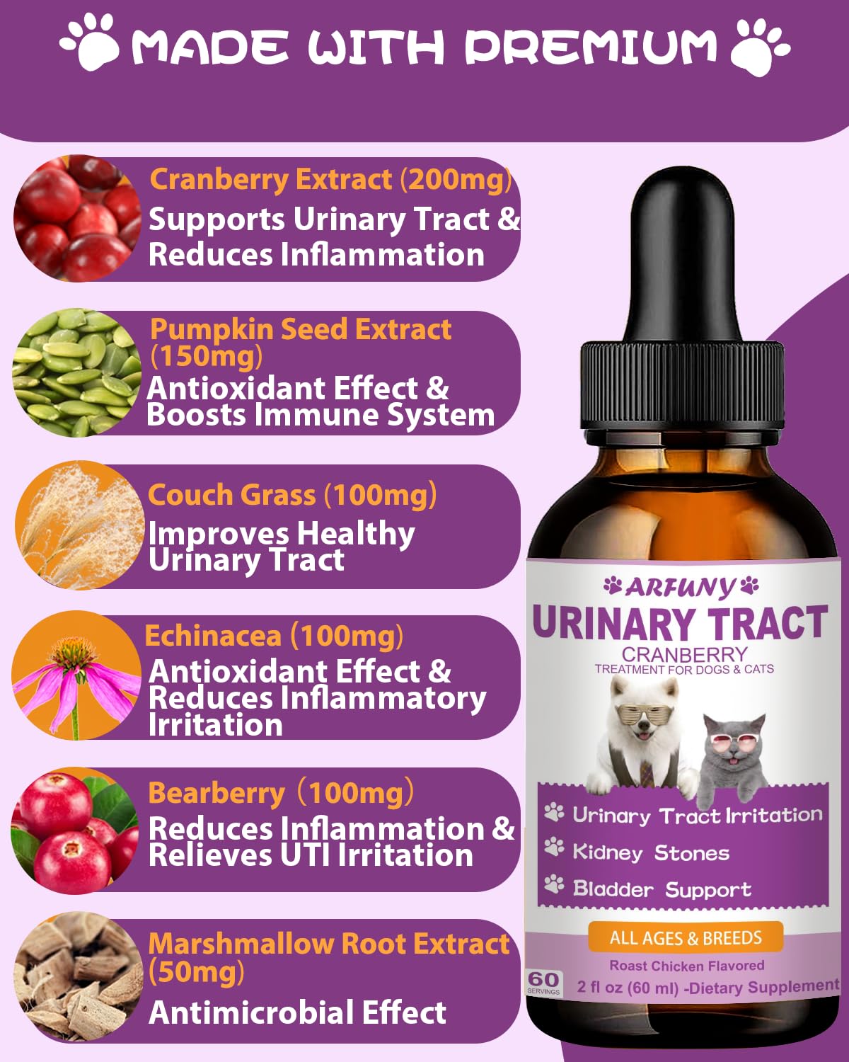 Cat & Dog Urinary Tract Infection Treatment | 60ML Support Bladder, Kidney & Incontinence | Cranberry Supplement for Cats & Dogs | Dog UTI | Cat UTI | Cat & Dog Kidney Support | Chicken Flavor