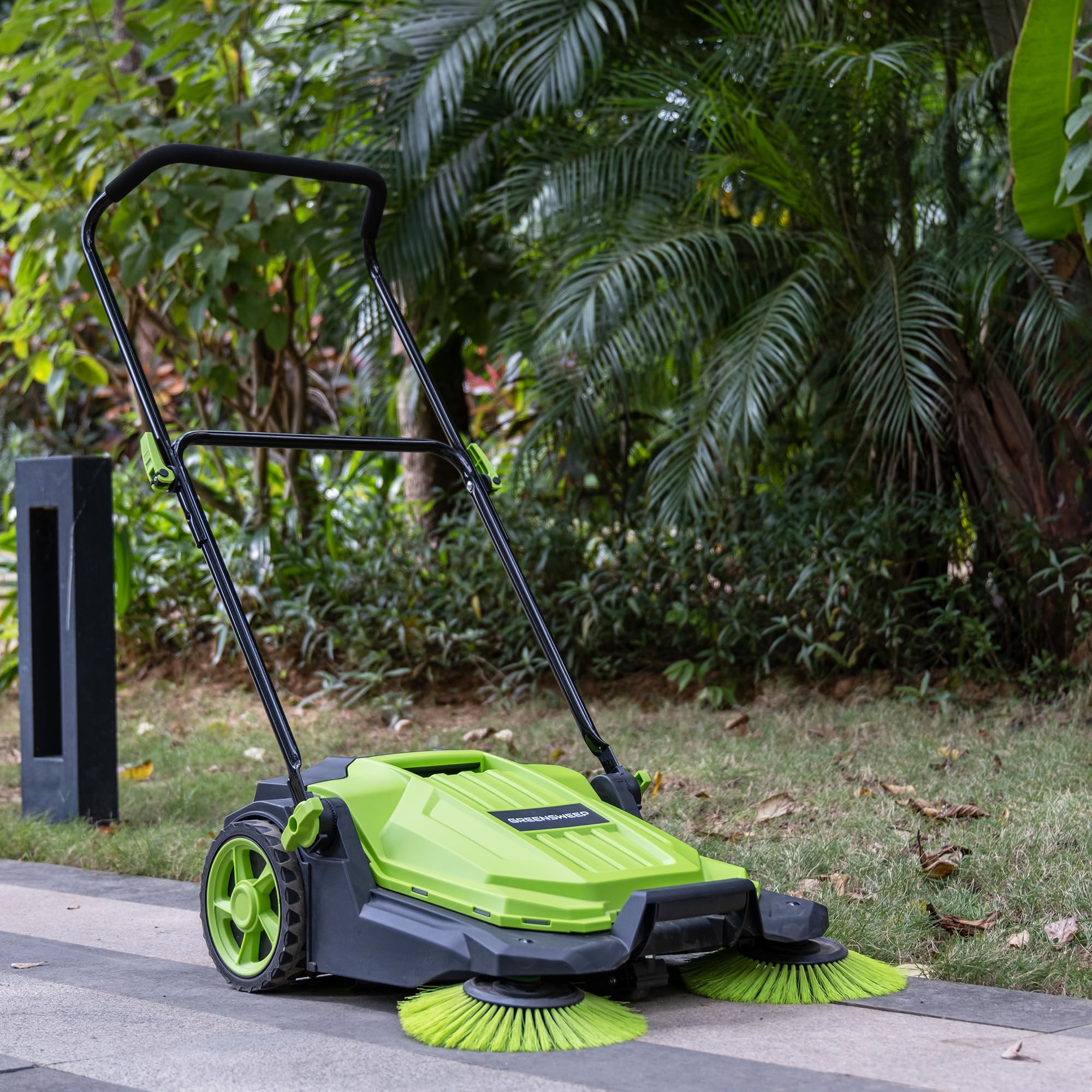 GreenSweep - Walk Behind Manual Push Floor Sweeper - 5 Gallon Capacity - Easy Storage - Outdoor Use - Additonal Heavy Duty Brush Set