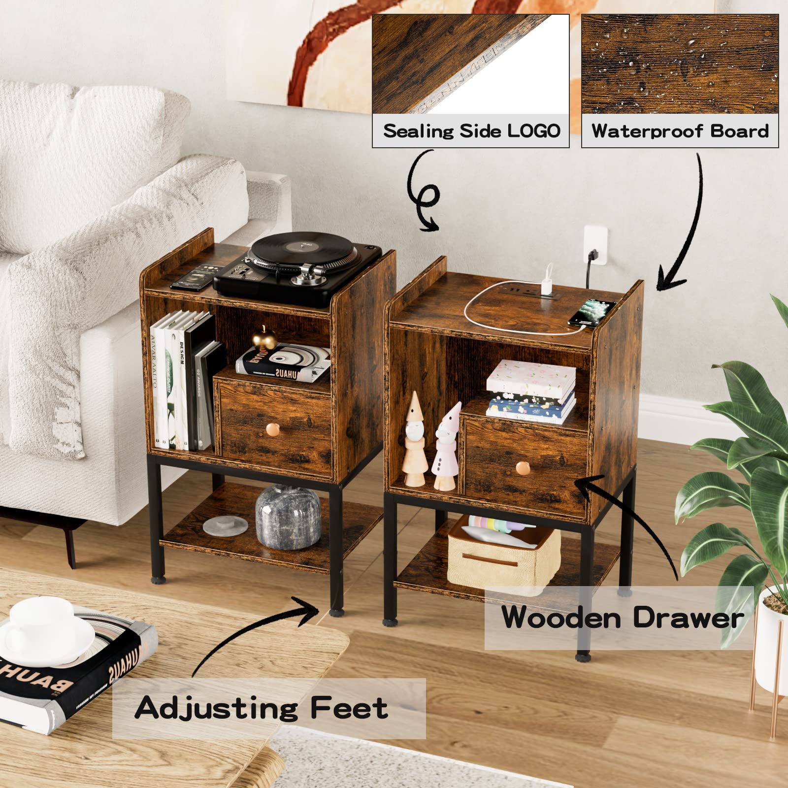 Gannyfer Nightstand with Charging Station,Night Stand with USB Ports and Storage Drawer,Modern 3-Tier End Side Table,Small Wood Bedside Table for Bedroom,Living Room (Brown)