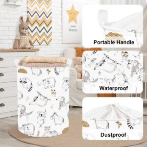 Clastyle 45L Sketch Forest Animal Kid Clothes Hamper Elephant Raccoon Laundry Basket for Boy Girl Leopard Zebra Round Toy Clothes Storage Basket for Nursery Room