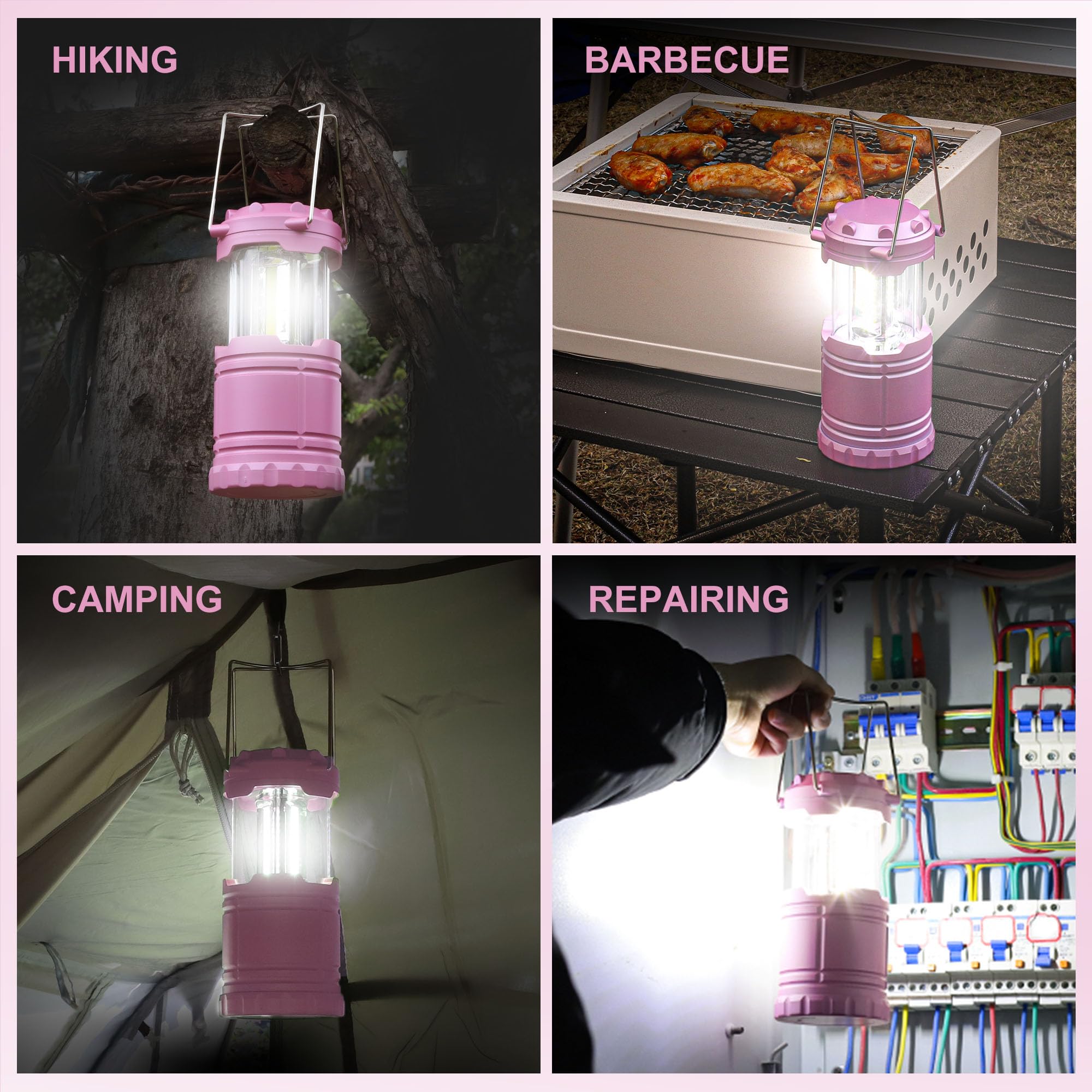 SEAMAGIC 4-Pack LED Pink Camping Lanterns, Essential Emergency Lights for Power Outages, Hiking, Hurricane