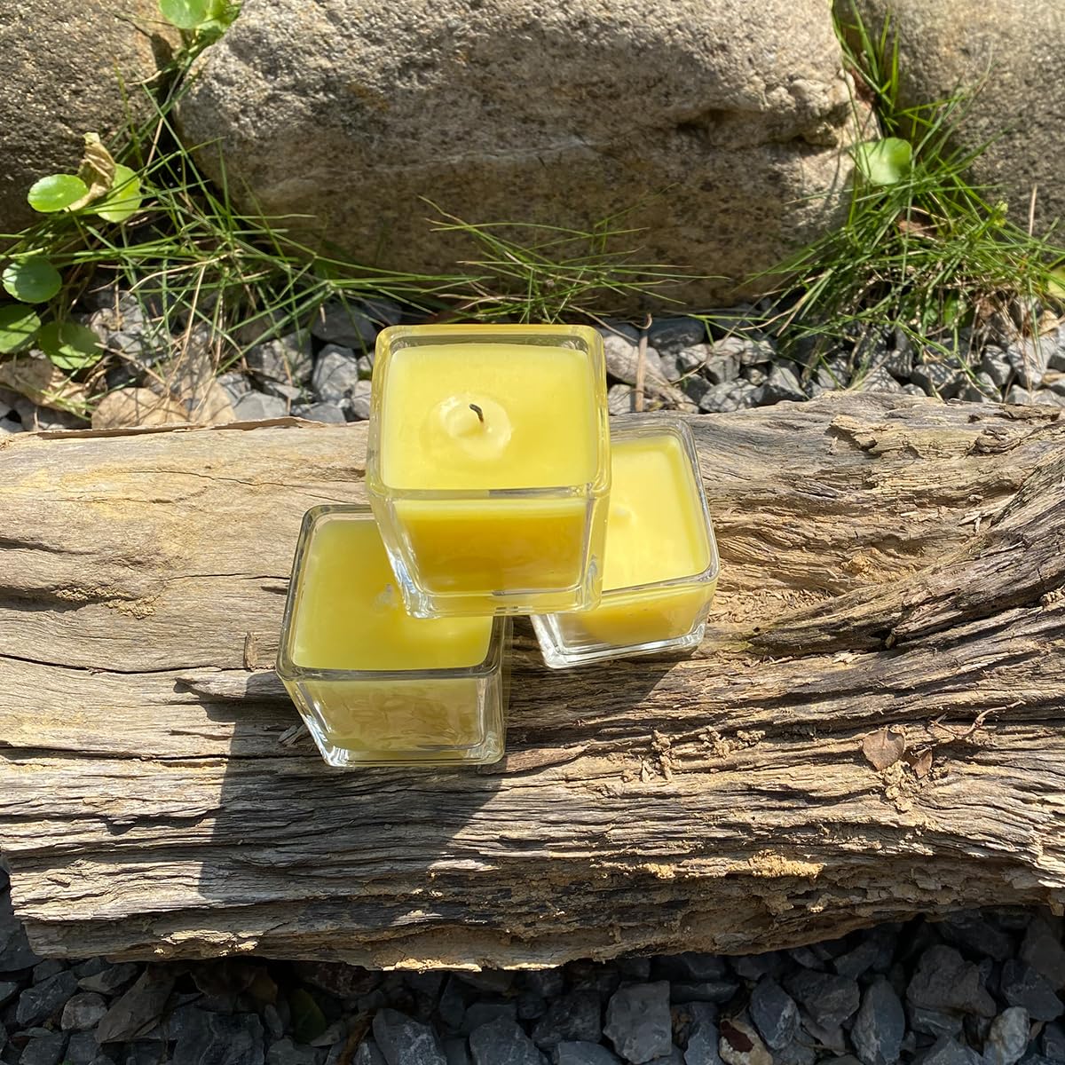 12 Pack Yellow Small Square Glass Citronella Candles, Strong Lemongrass Scented Votive Candles, for Outdoor Dinner Party, Patio, Glamping Essentials, Outside